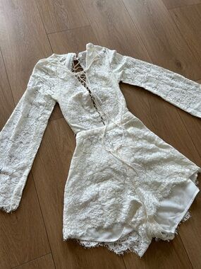 Olivaceous Lace Long-Sleeve Romper with Lace-Up Front and Back